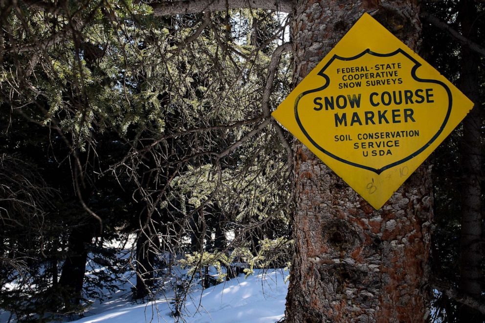 PHOTO: A sign marks the location of the Mosquito Creek snow course near the town of Fairplay, Colo., March 28, 2023.