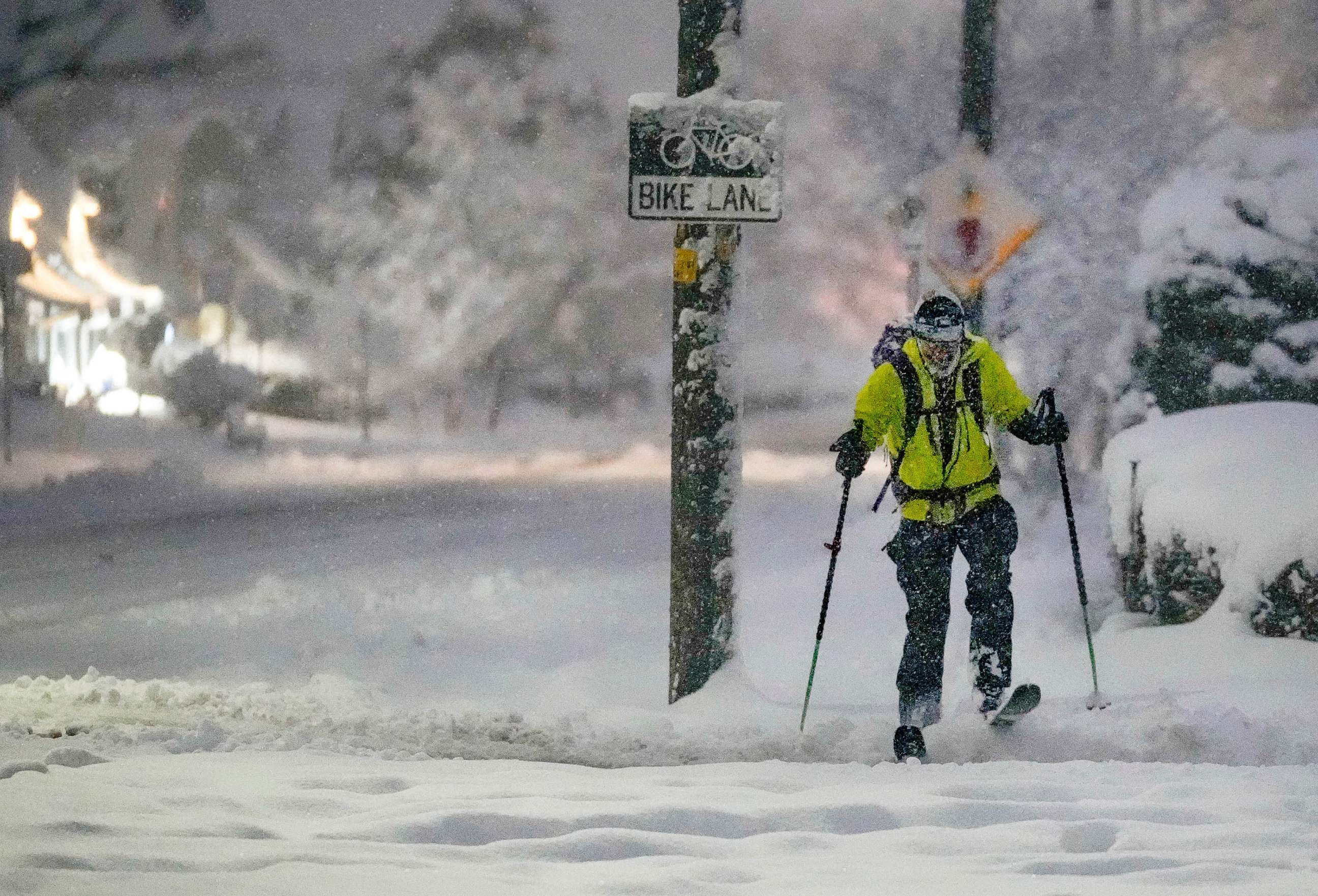 PHOTO: Kai Benedict commutes to his job at the VA Hospital by skis following a snow storm that blanketed the Salt Lake Valley with snow, Feb. 22, 2023, in Salt Lake City, Utah.