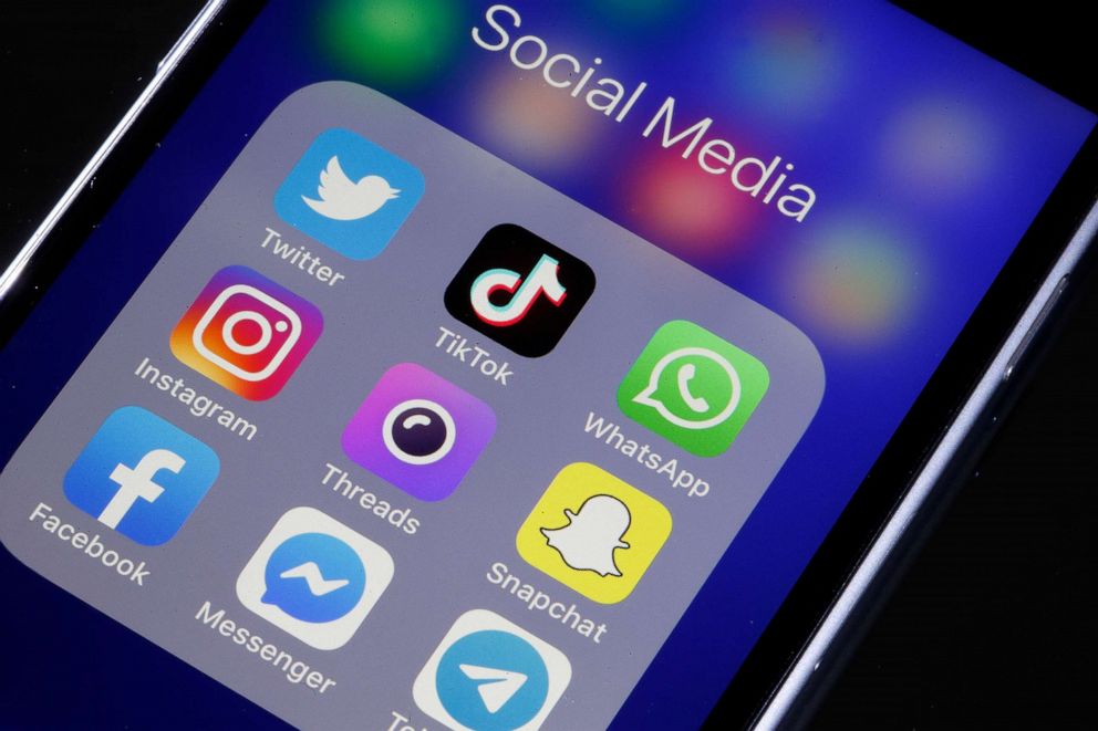 PHOTO: In this photo illustration, social media, Twitter, TikTok, WhatApp, Instagram, Threads, Snapchat, Facebook, Messenger and Telegram application logos are displayed on the screen of a smartphone, Oct. 7, 2019. 