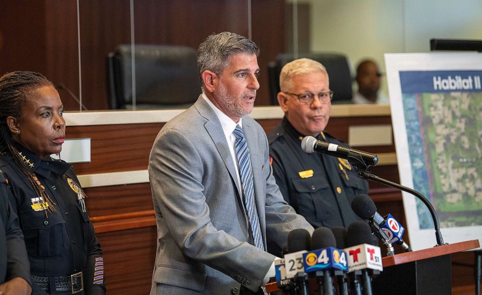 PHOTO: Lauderhill Police Lt. Mike Bigwood speaks during a news conference, Wednesday, June 23, 2021, in Lauderhill, Fla., after two young girls were found dead in a canal a day earlier.