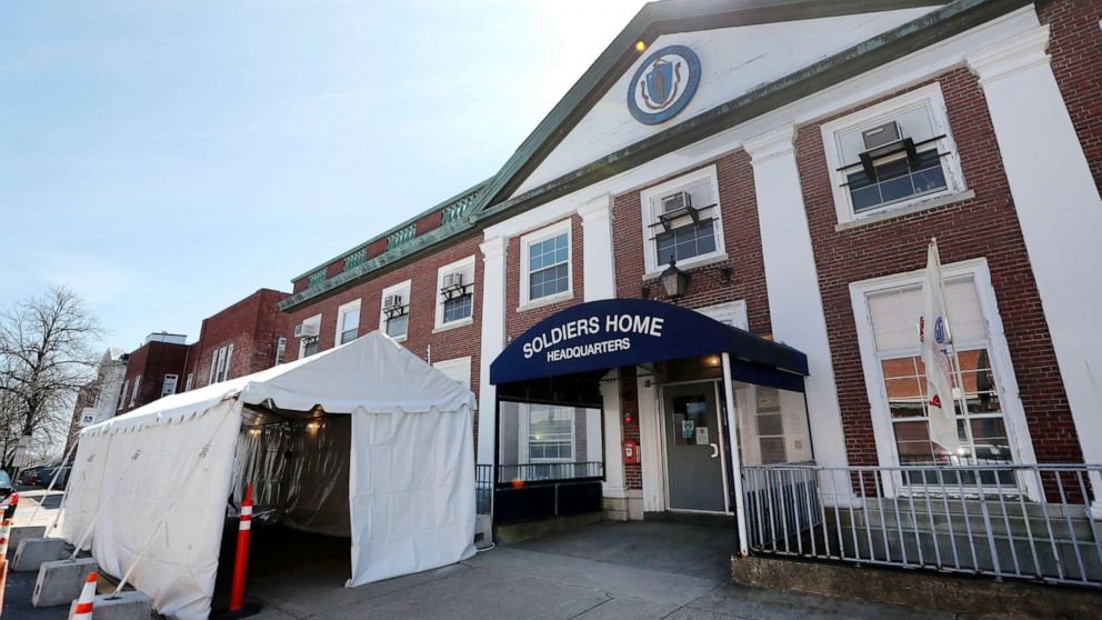 PHOTO: A tent sits idle beside the entrance to the Soldiers' Home, April 6, 2020, in Chelsea, Mass.