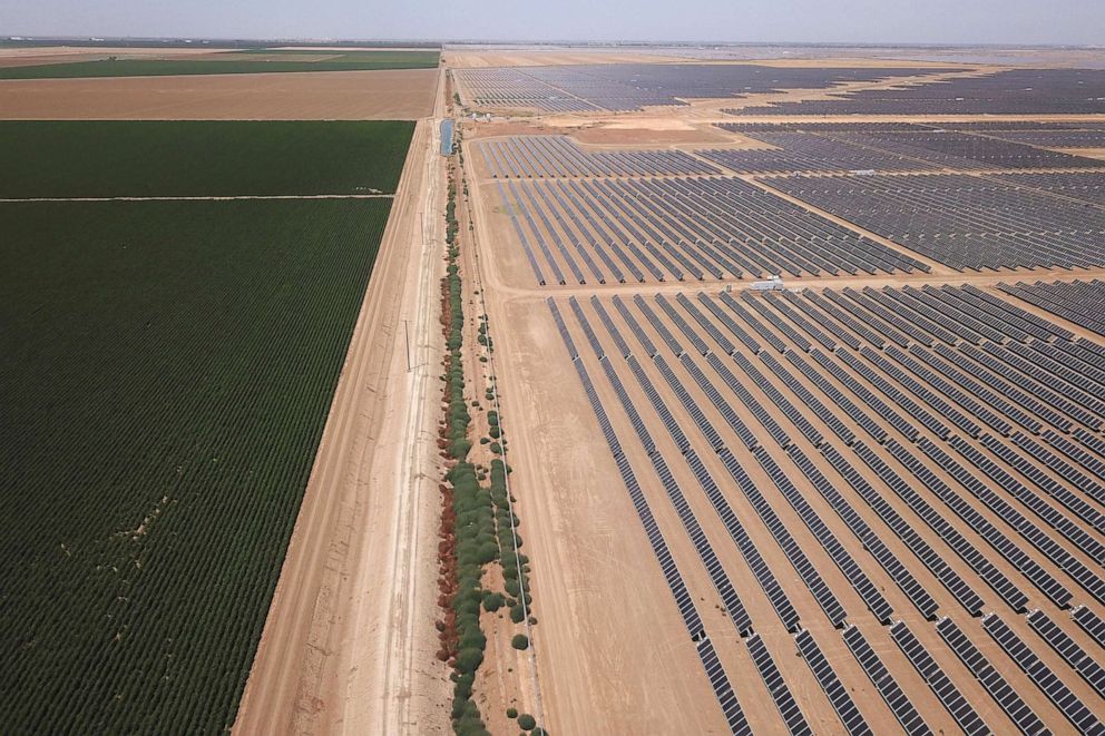 PHOTO: A solar panel range is seen in what was once a field used for agriculture, in California's drought-stricken Central Valley near Huron, Calif., July 23, 2021.