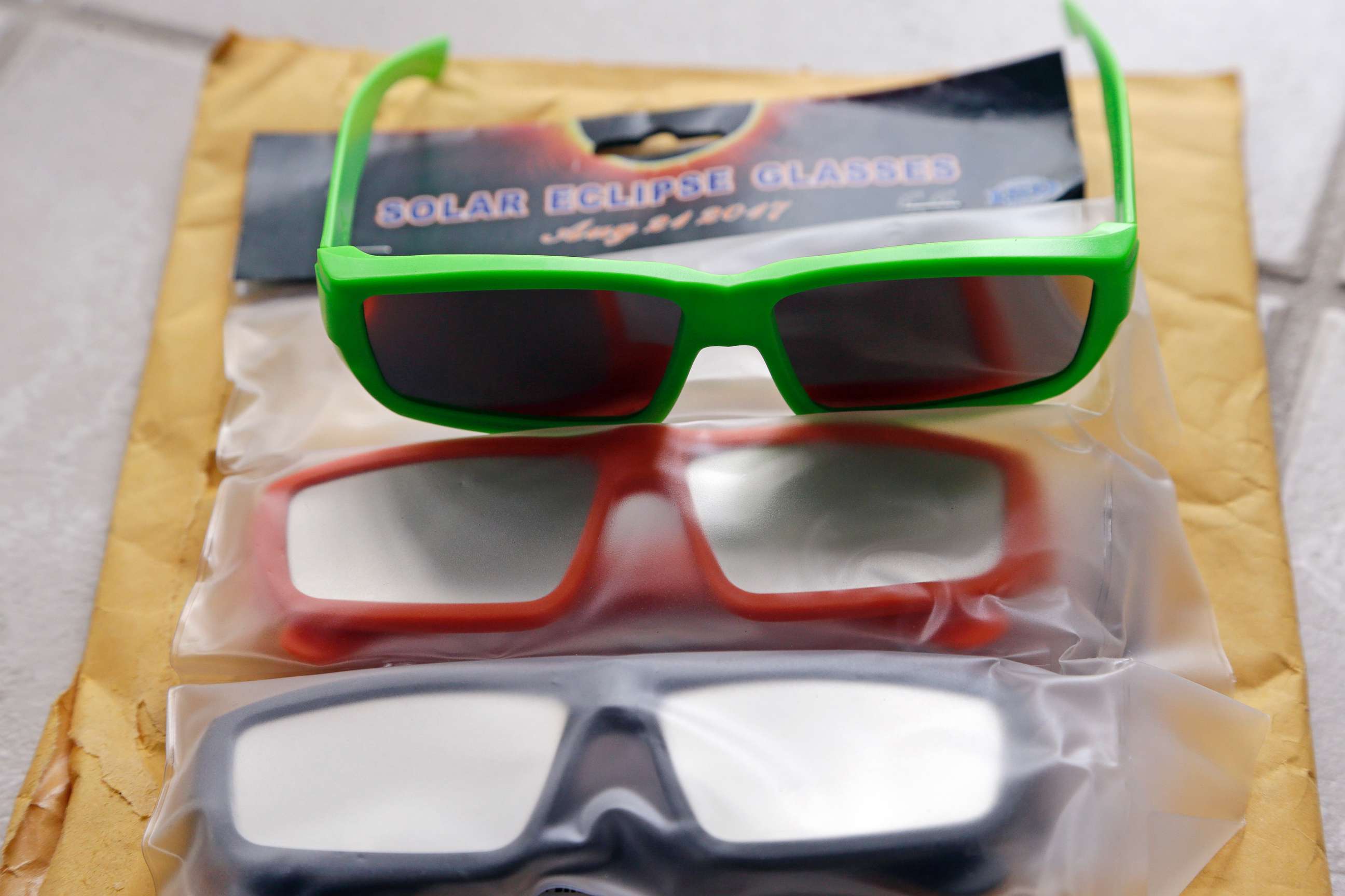 PHOTO: A three-pack of "solar eclipse glasses" shipped by Amazon to a Seattle home in advance of the upcoming solar eclipse is seen, Aug. 13, 2017, in Seattle.