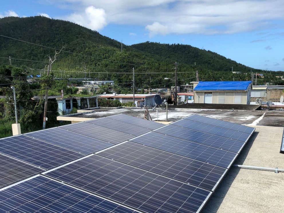 Solar panels atop a community organization building in Daguao, Puerto Rico.