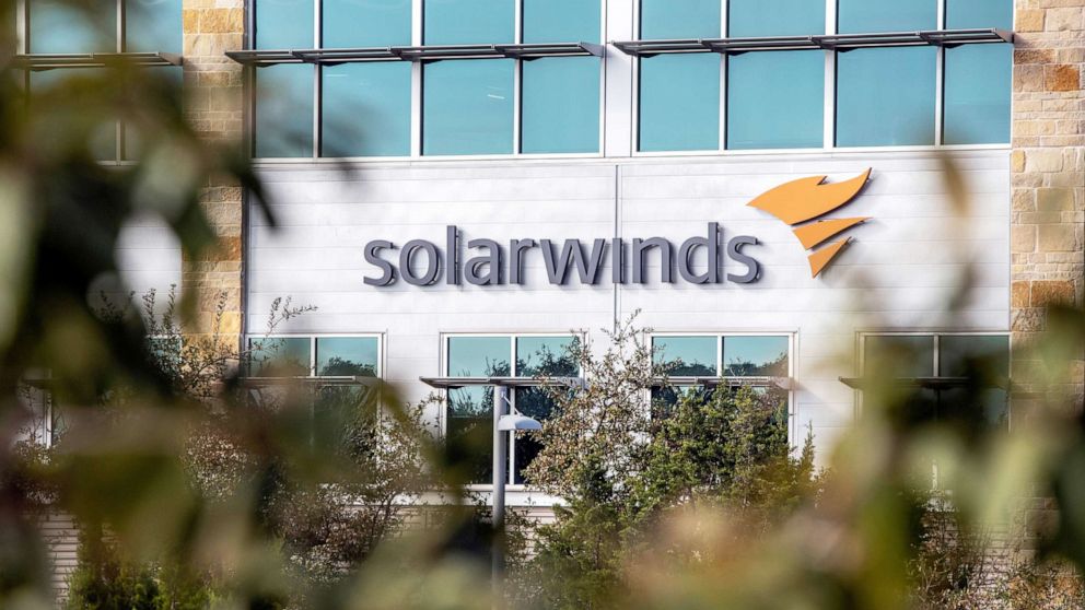 PHOTO: The SolarWinds logo adorns the IT company headquarters in Austin, Texas, Dec. 18, 2020. 