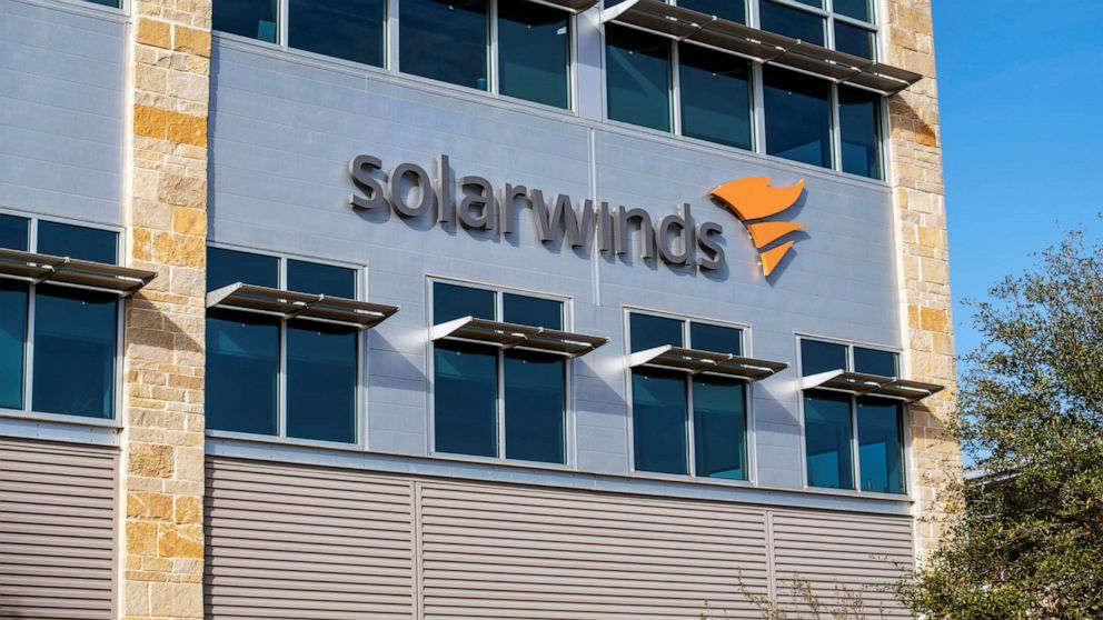 PHOTO: In this Dec. 18, 2020, file photo, the SolarWinds logo is seen outside its headquarters in Austin, Texas.