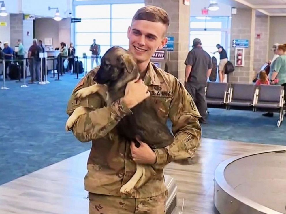 PHOTO: U.S. Army Specialist Tyler Mosely unites with Daisy who he took in while on deployment in Syria in 2018.