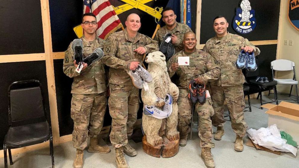 PHOTO: Soldiers pose with sneakers sent to them by Sneakers for Soldiers. Deborah Hausladen of Malvern, Pennsylvania, started the nonprofit Sneakers for Soldiers in April 2018 to collect and send shoes to soldiers in need overseas.