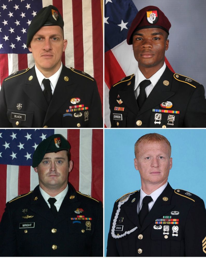 PHOTO: U.S. soldiers killed during an ambush in Niger on Oct. 4, 2017. Clockwise from top left, Army Staff Sgt. Bryan C. Black, Sergeant La David Johnson, Staff Sgt. Jeremiah W. Johnson, and Staff Sgt. Dustin M. Wright, 29.