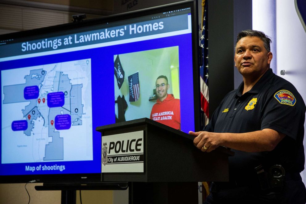 PHOTO: APD Chief Harold Medina discusses the arrest of Solomon Peña for the recent shootings at local lawmakers' homes at a press conference on Jan. 16, 2023 in Albuquerque, N.M.