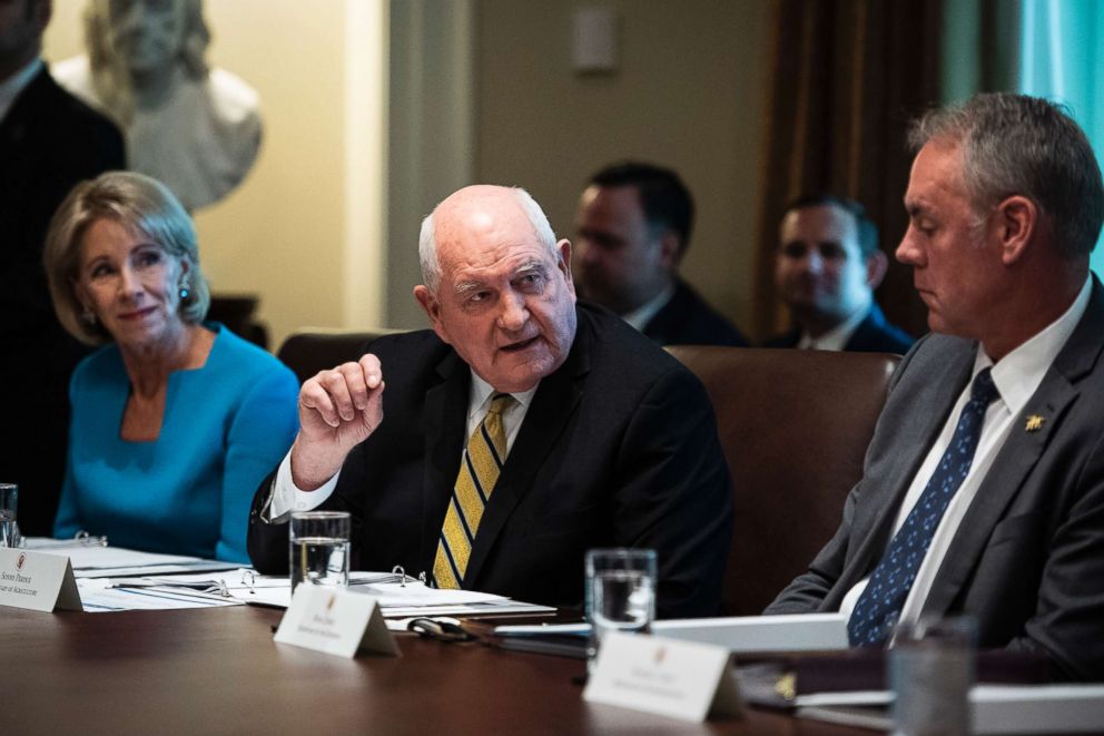 PHOTO: Secretary of Agriculture Sonny Perdue speaks during a cabinet meeting in the Cabinet Room of the White House on Oct. 17, 2018, in Washington.