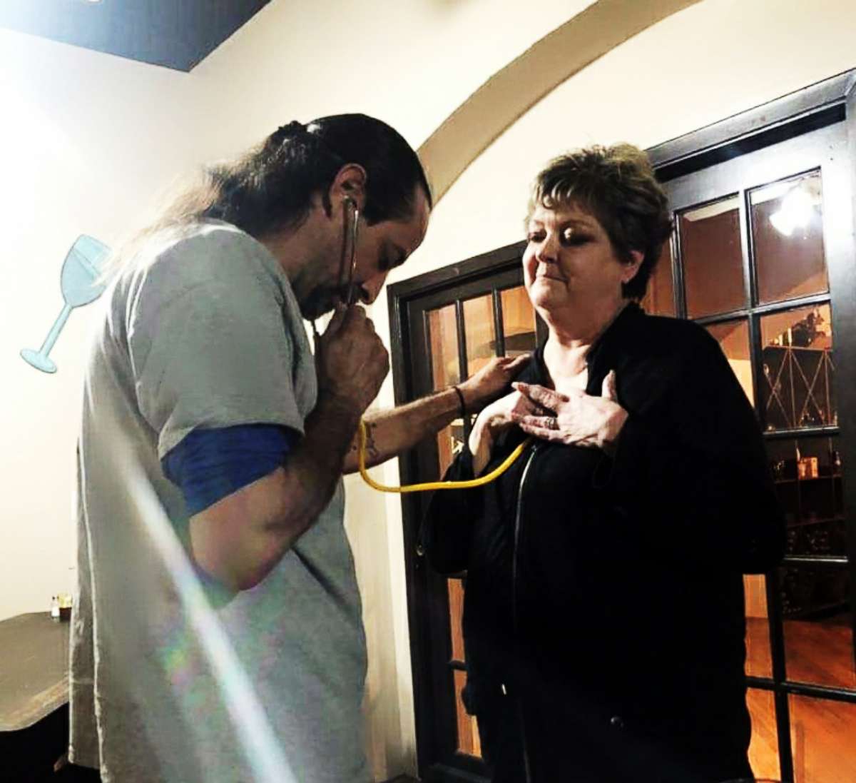 PHOTO: Kristi Richard Russ holds a stethoscope to her chest so that Jordan Spahn of Brenham, Texas, can listen to his dead son's heartbeat in a photo shared via Facebook on Feb. 10, 2020.