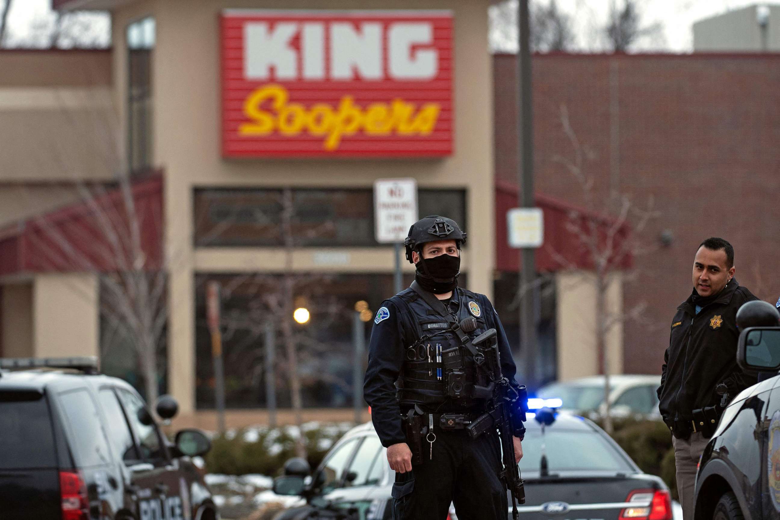 PHOTO: Police officers secure the perimeter of the King Soopers grocery store in Boulder, Colo., March 22, 2021, after reports of an active shooter.