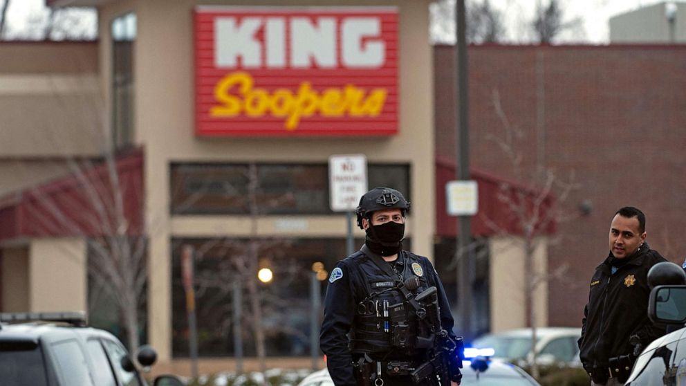 PHOTO: Police officers secure the perimeter of the King Soopers grocery store in Boulder, Colo., March 22, 2021, after reports of an active shooter.