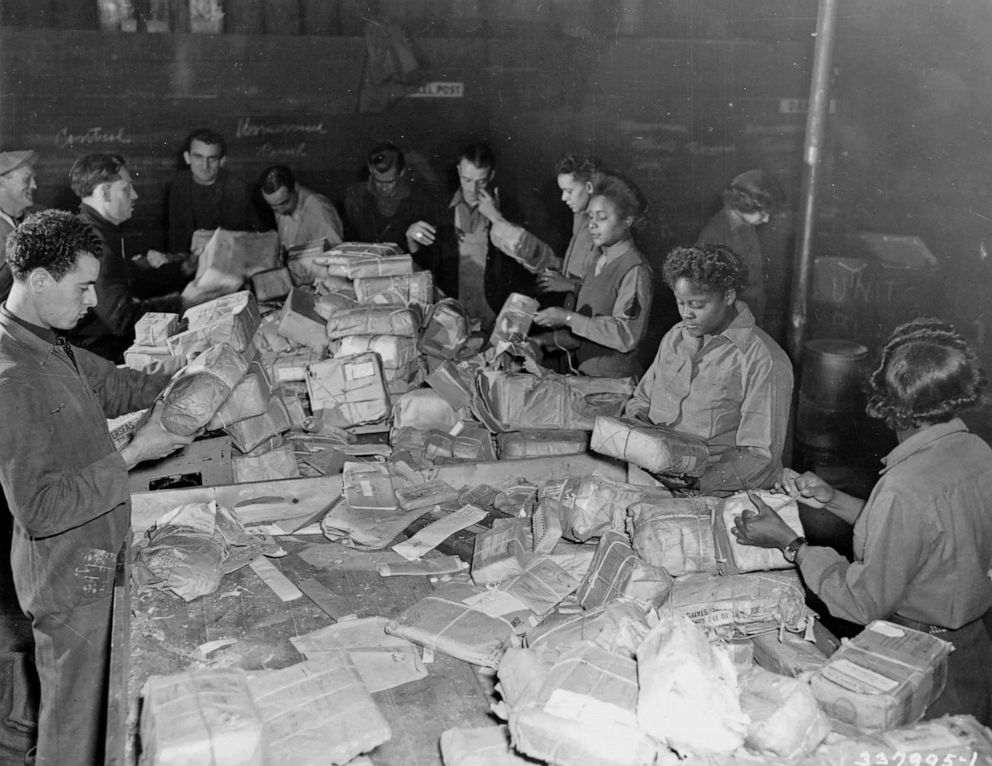 PHOTO: WACs sort packages at the 17th Base Post Office in Paris. The 6888th Central Postal Battalion was the only all Black battalion in the WAC and the only all Black, all women battalion sent overseas during World War II.