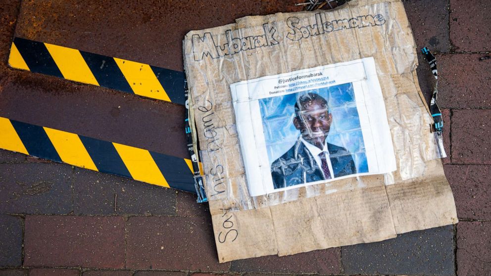 PHOTO: A memorial sign for Mubarak Soulemane lies on the ground following a protest on Aug. 27, 2020, in Washington, D.C.