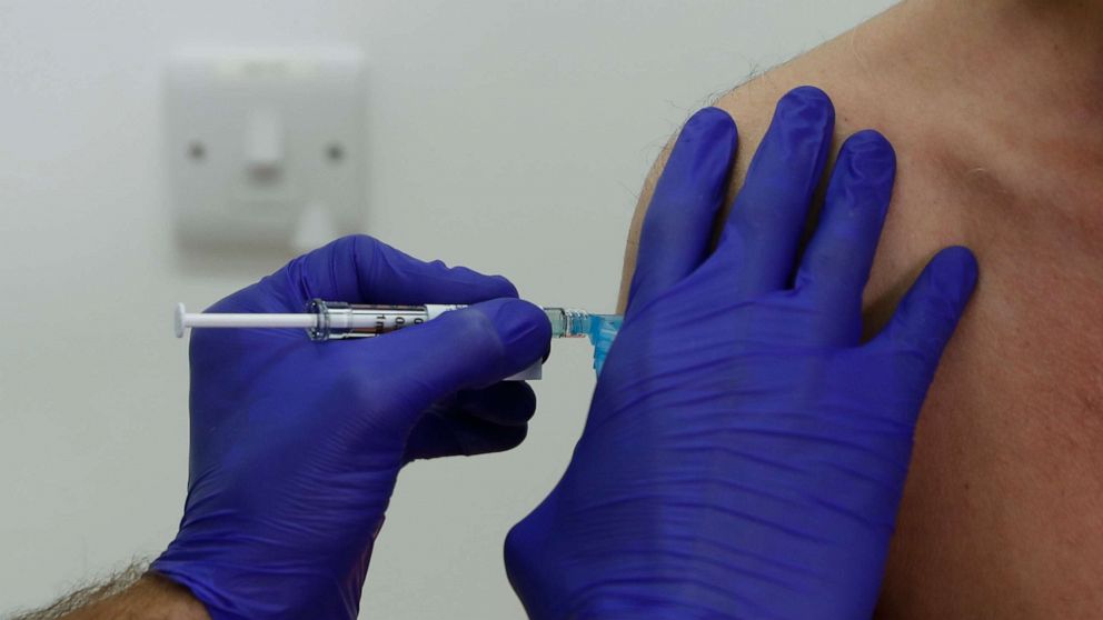 PHOTO: A volunteer is given an injection at St George's University hospital in London on Oct. 7, 2020. Novavax Inc. said its COVID-19 vaccine appears 89% effective based on a study and that it seems to work against new mutated strains of the virus.