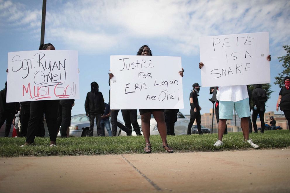 PHOTO: FILE PHOTO: People protest the shooting death of Eric Logan outside of the South Bend Police Station following his funeral on June 29, 2019 in South Bend, Indiana.