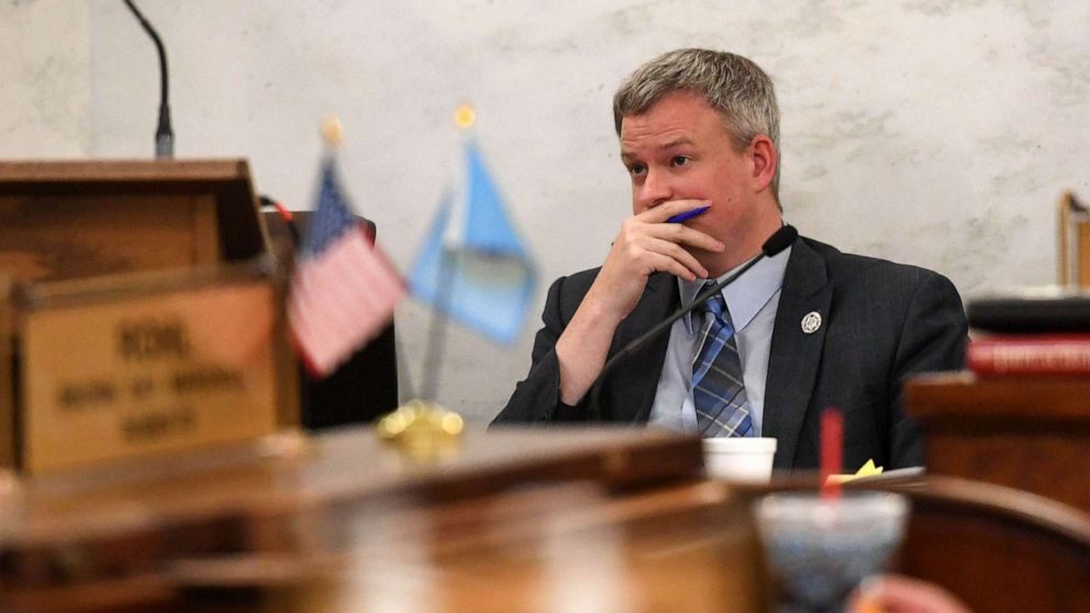 PHOTO: Attorney General Jason Ravnsborg listens to opening remarks by the defense at his impeachment trial in Pierre, S.D., June 21,2022