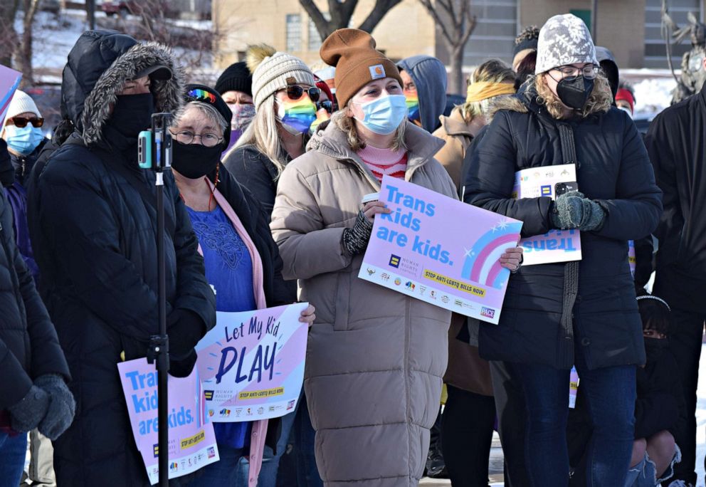 PHOTO: Protestors stood at Van Eps Park as part of a "Protect Trans Kids rally" in Sioux Falls on Jan. 16, 2022, in support of transgender rights, and in opposition to three bills filed in the South Dakota Legislature that they say are anti-transgender.