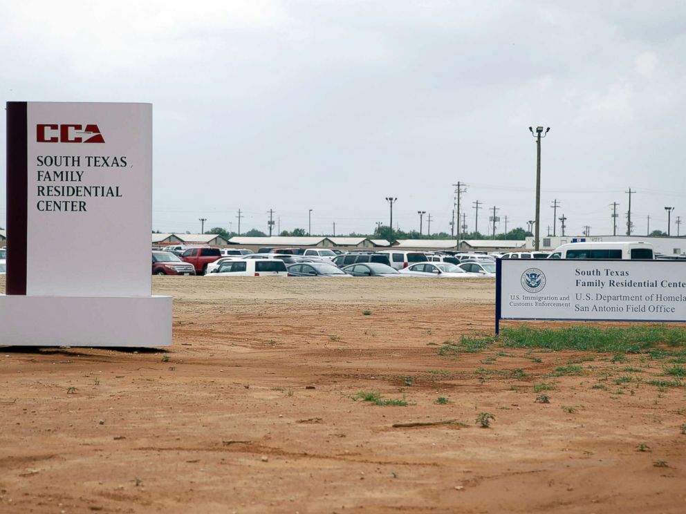 PHOTO: Signs are seen at the entrance to the South Texas Family Residential Center, June 30, 2015, in Dilley, Texas.