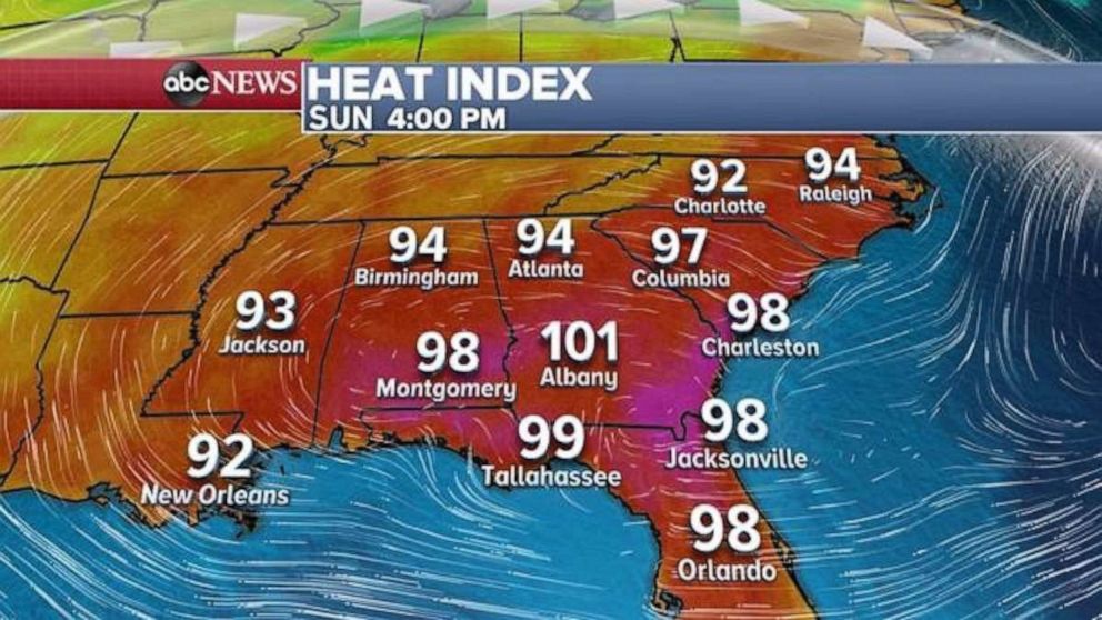 PHOTO: The heat index in the Southeast will approach, or even reach, triple digits in some places.