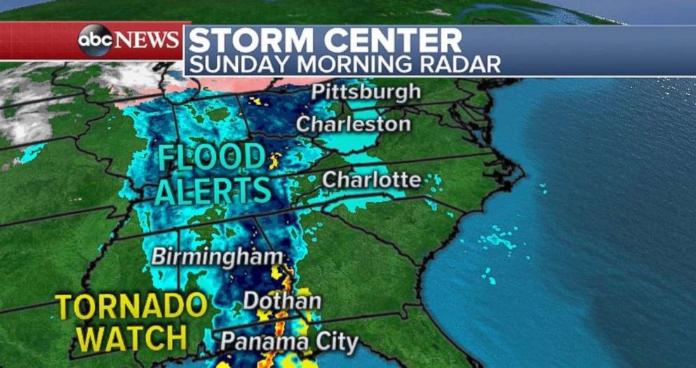 Tornadoes pose a threat to the Southeast coast on Sunday.
