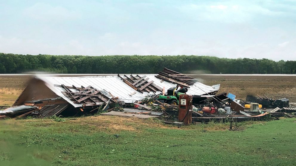 PHOTO: In this image made from video provided by WLBT-TV strong storms pound parts of the Deep South, including this house and shed in Yazoo County, Miss., Sunday, April 12, 2020. 