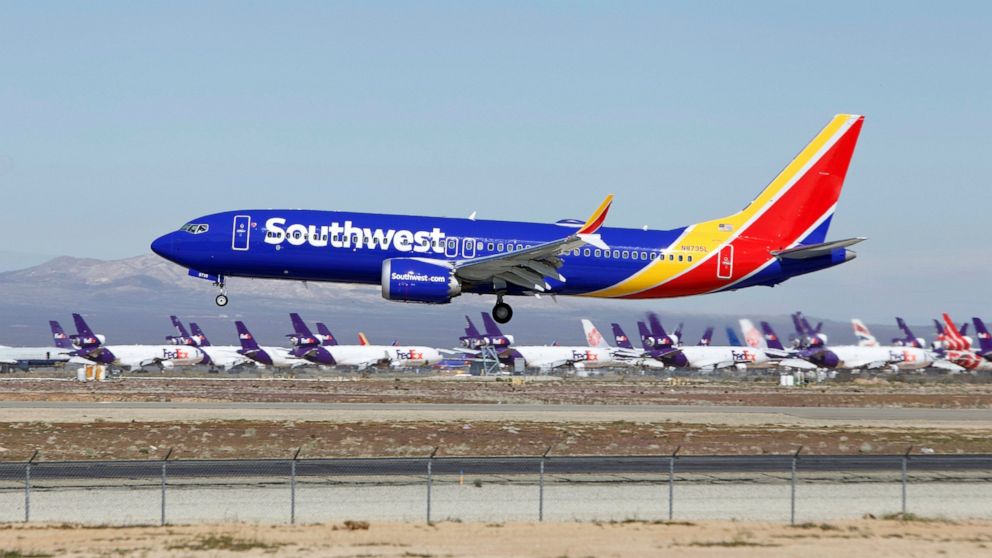PHOTO: In this March 23, 2019 file photo a Southwest Airlines Boeing 737 Max aircraft lands at the Southern California Logistics Airport in the high desert town of Victorville, Calif. 