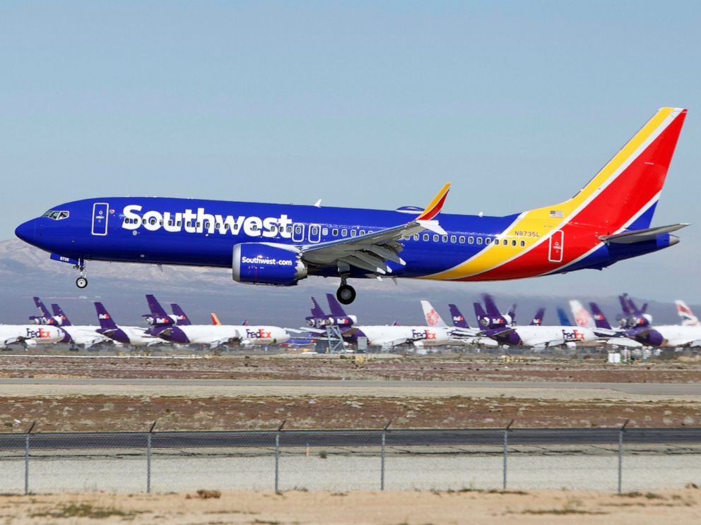 PHOTO: In this March 23, 2019 file photo a Southwest Airlines Boeing 737 Max aircraft lands at the Southern California Logistics Airport in the high desert town of Victorville, Calif.