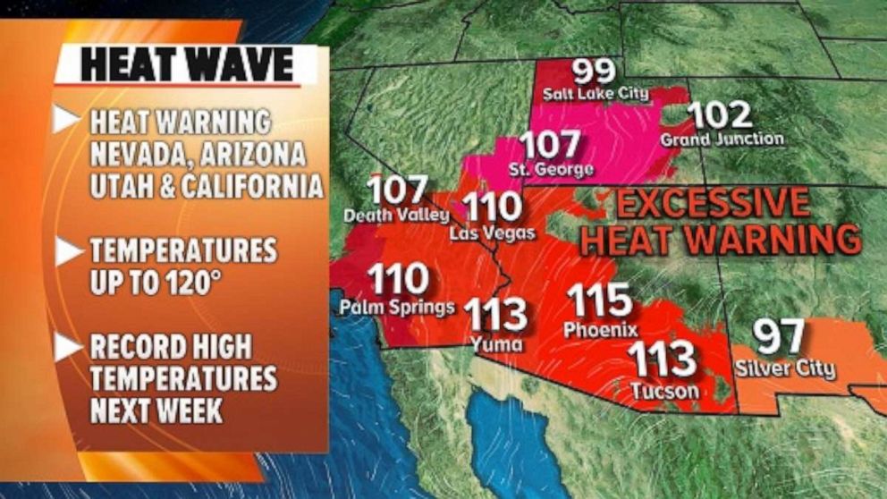 PHOTO: A weather map shows the temperatures in the Southwest which is experiencing a heatwave and drought.