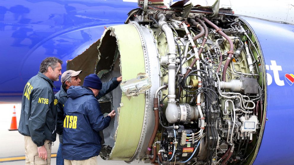 PHOTO: NTSB investigators examine damage to the CFM International 56-7B turbofan engine belonging Southwest Airlines Flight 1380 that separated during flight Philadelphia International Airport in Philadelphia, April 17, 2018.