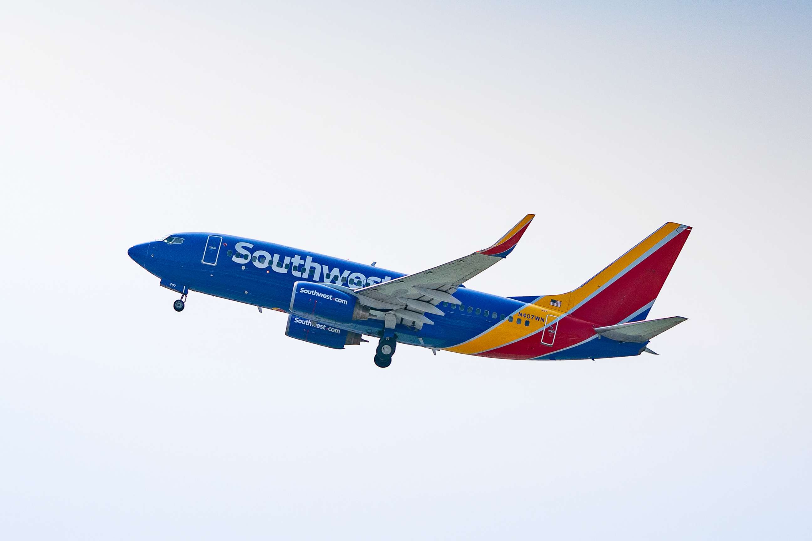 PHOTO: Southwest Airlines Boeing 737-7H4 takes off from Hollywood Burbank Airport, Sept. 16, 2020, in Burbank, Calif. 