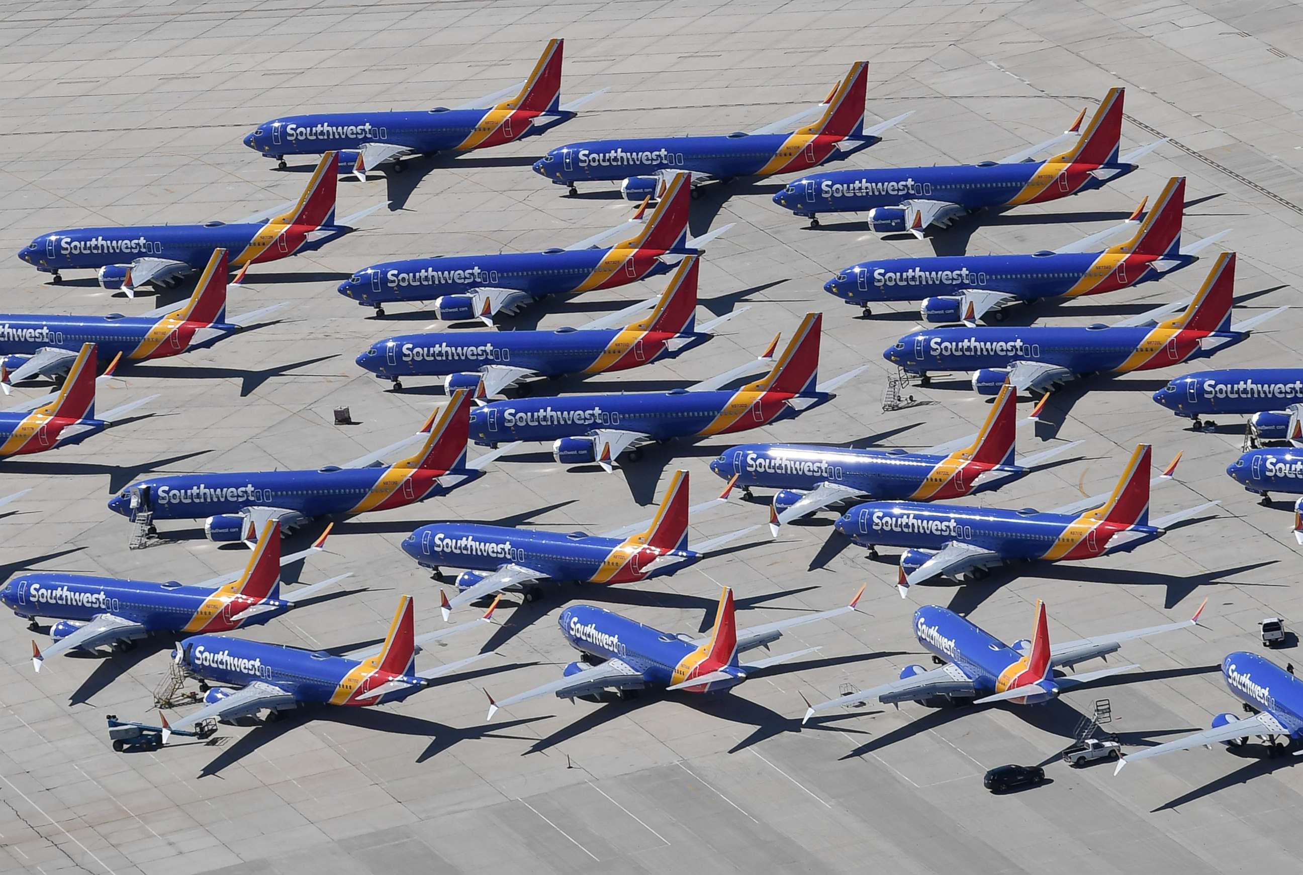 PHOTO: In this file photo taken on March 28, 2019, Southwest Airlines Boeing 737 MAX aircraft are parked on the tarmac after being grounded, at the Southern California Logistics Airport in Victorville, Calif.