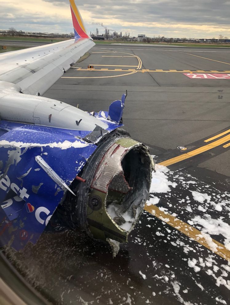 PHOTO: The engine of a Southwest Airlines plane after an emergency landing at the Philadelphia airport, April 17, 2018.