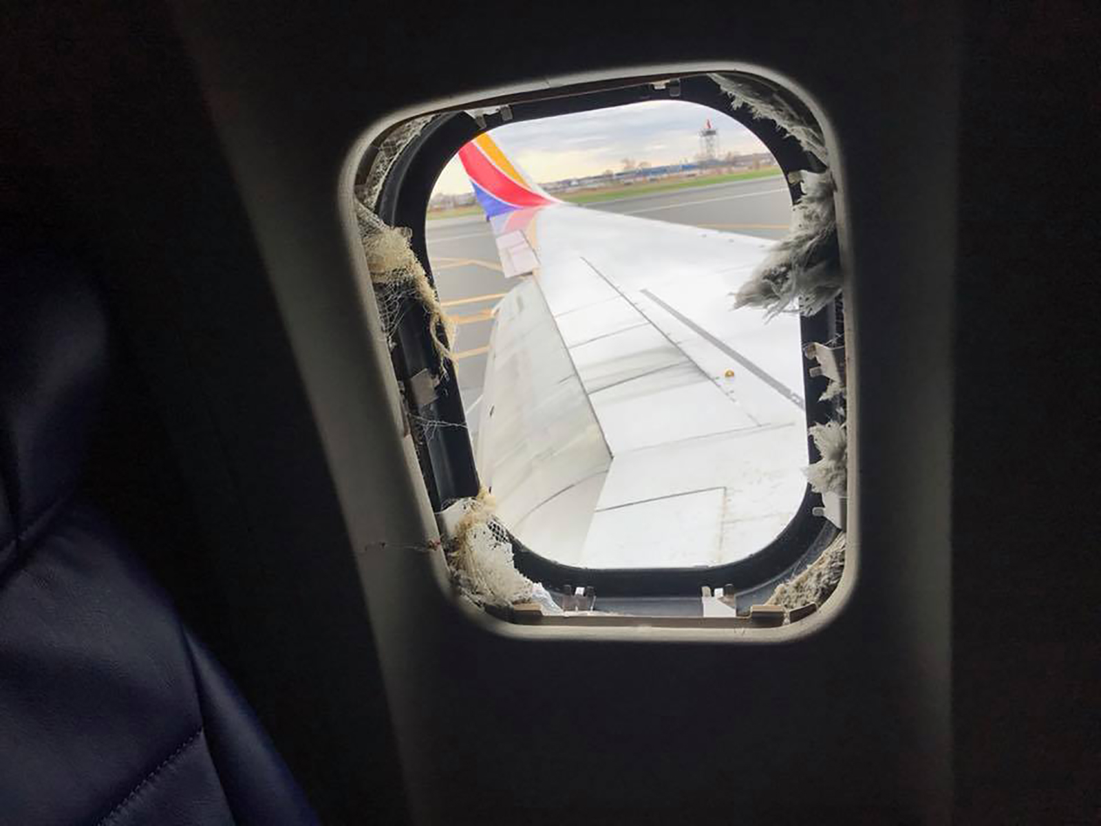 PHOTO: A blown out window taken from inside the Southwest Airlines plane that made an emergency landing at the Philadelphia airport, April 17, 2018.