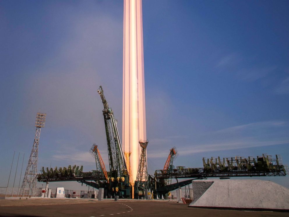 PHOTO: In this photo made with a long exposure, the Soyuz MS-10 spacecraft launches with U.S. astronaut Nick Hague and cosmonaut Alexey Ovchinin at the Baikonur Cosmodrome in Kazakhstan, Oct. 11, 2018. 