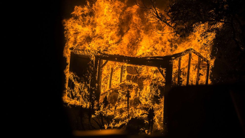 PHOTO: An outbuilding burns in Toro Canyon, Calif. on Dec. 11, 2017.