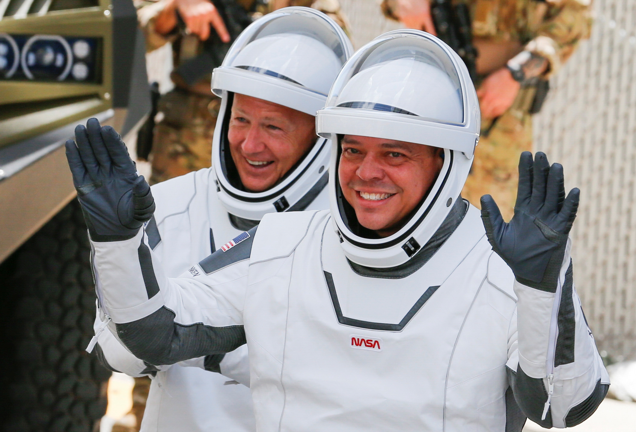 PHOTO: NASA astronauts Douglas Hurley and Robert Behnken head to launch pad 39 to board a SpaceX Falcon 9 rocket for a second launch attempt to the International Space Station, at Cape Canaveral, Fla., May 30, 2020.