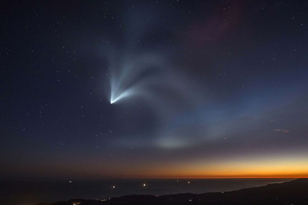 PHOTO: The&nbsp;SpaceX Falcon 9 rocket curves around the Earth and into space after launching from Vandenberg Air Force Base carrying the SAOCOM 1A and ITASAT 1 satellites, Oct. 7, 2018, near Santa Barbara, Calif.