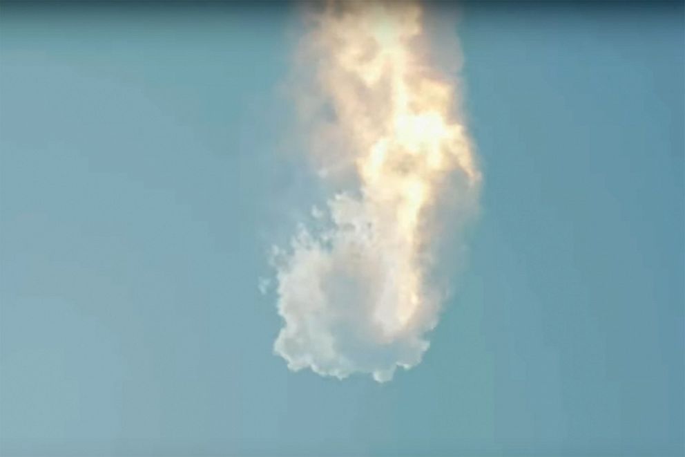 PHOTO: SpaceX's next-generation Starship spacecraft atop its powerful Super Heavy rocket self-destructs after its launch from the company's Boca Chica launchpad on a brief test flight near Brownsville, Texas, April 20, 2023 in a still image from video.