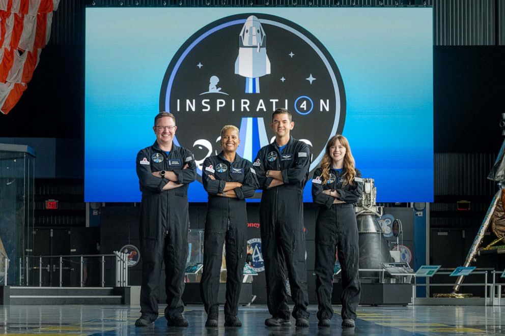 PHOTO: The Inspiration4 crew,Chris Sembroski, Sian Proctor, Jared Isaacman and Hayley Arceneaux pose for a photo, July 1, 2021.