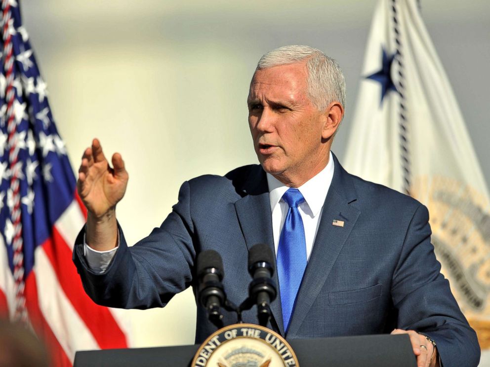 PHOTO: Vice President Mike Pence addresses USAF personnel after the launch of SpaceX Falcon 9 rocket was postponed at Cape Canaveral, Fla., Dec. 18, 2018.