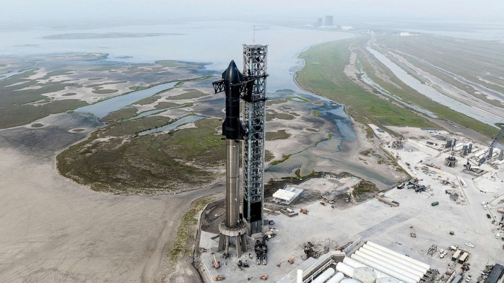 PHOTO: This undated photo from SpaceX shows the company's Starship rocket at the launch site in Boca Chica, Texas.