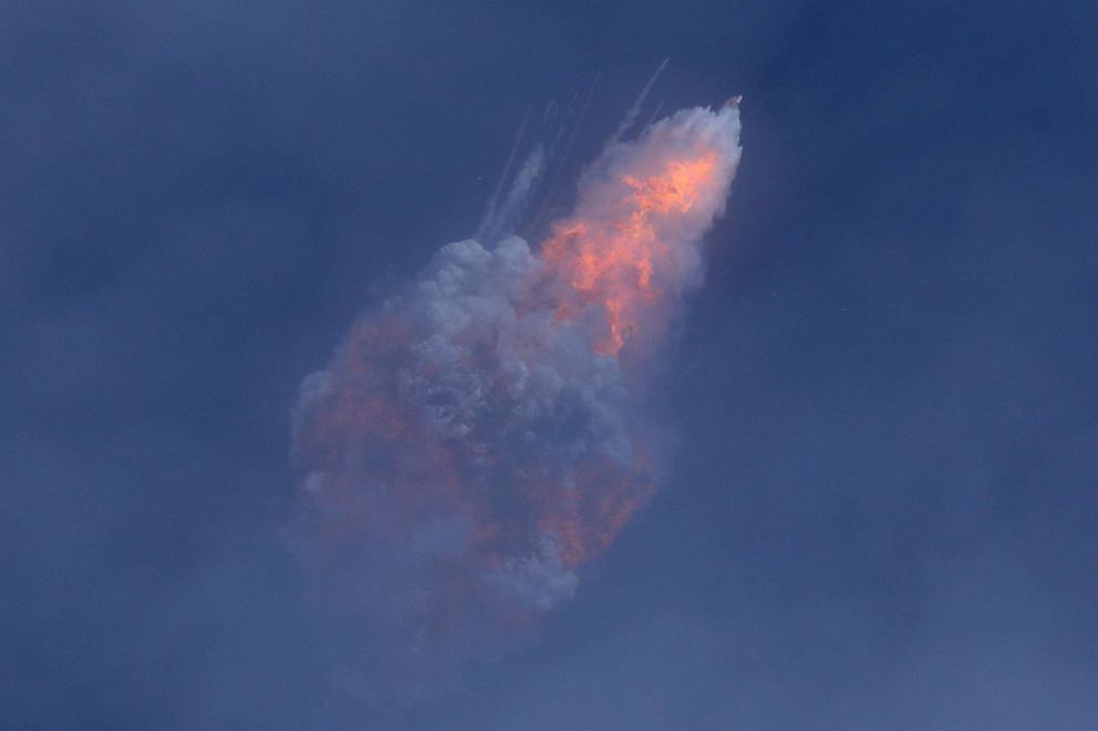 PHOTO: A SpaceX Falcon 9 rocket engine self-destructs after jettisoning the Crew Dragon astronaut capsule during an in-flight abort test, after lift off in Cape Canaveral, Florida, Jan. 19, 2020.