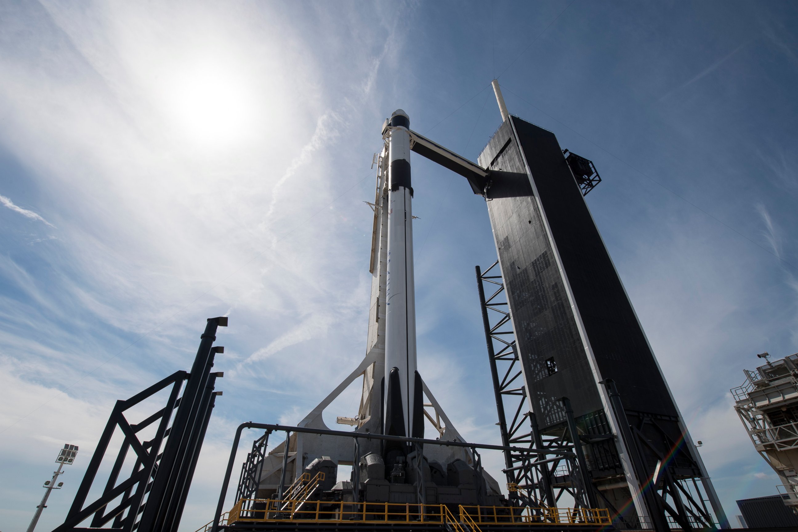 PHOTO: In this image released by NASA, a Falcon 9 SpaceX rocket, ready for launch, sits on pad 39A at the Kennedy Space Center in Cape Canaveral, Florida, Friday, March 1, 2019. It successfully launched early Saturday morning.