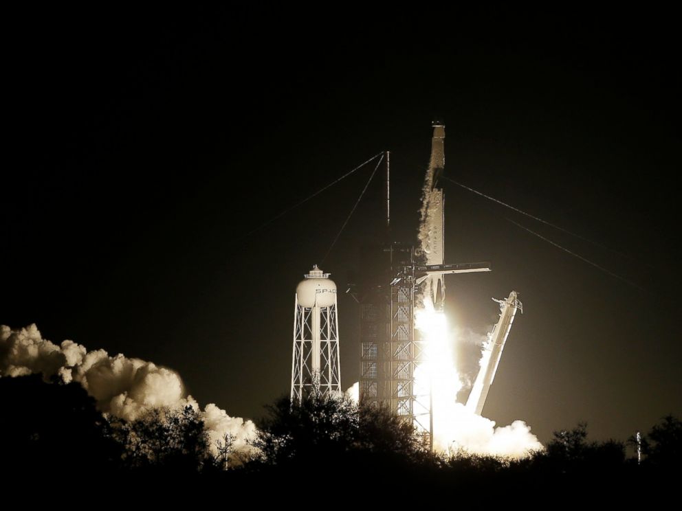 PHOTO: A SpaceX Falcon 9 rocket with the Demo 1 crew capsule lifts off on Saturday, March 2, 2019, in Cape Canaveral, Florida. (AP Photo/Terry Renna)