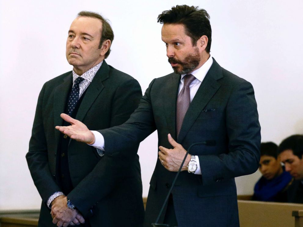 PHOTO: Kevin Spacey stands in district court as his attorney Alan Jackson, right, addresses the judge during an  arraignment hearing, Jan. 7, 2019, in Nantucket, Mass. 