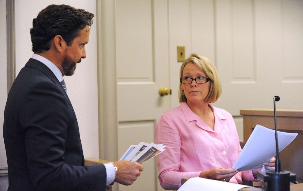 PHOTO: Kevin Spacey's attorney Alan Jackson, left, presents photos to witness Heather Unruh, the accuser's mother, in Nantucket District Court, July 8, 2019.