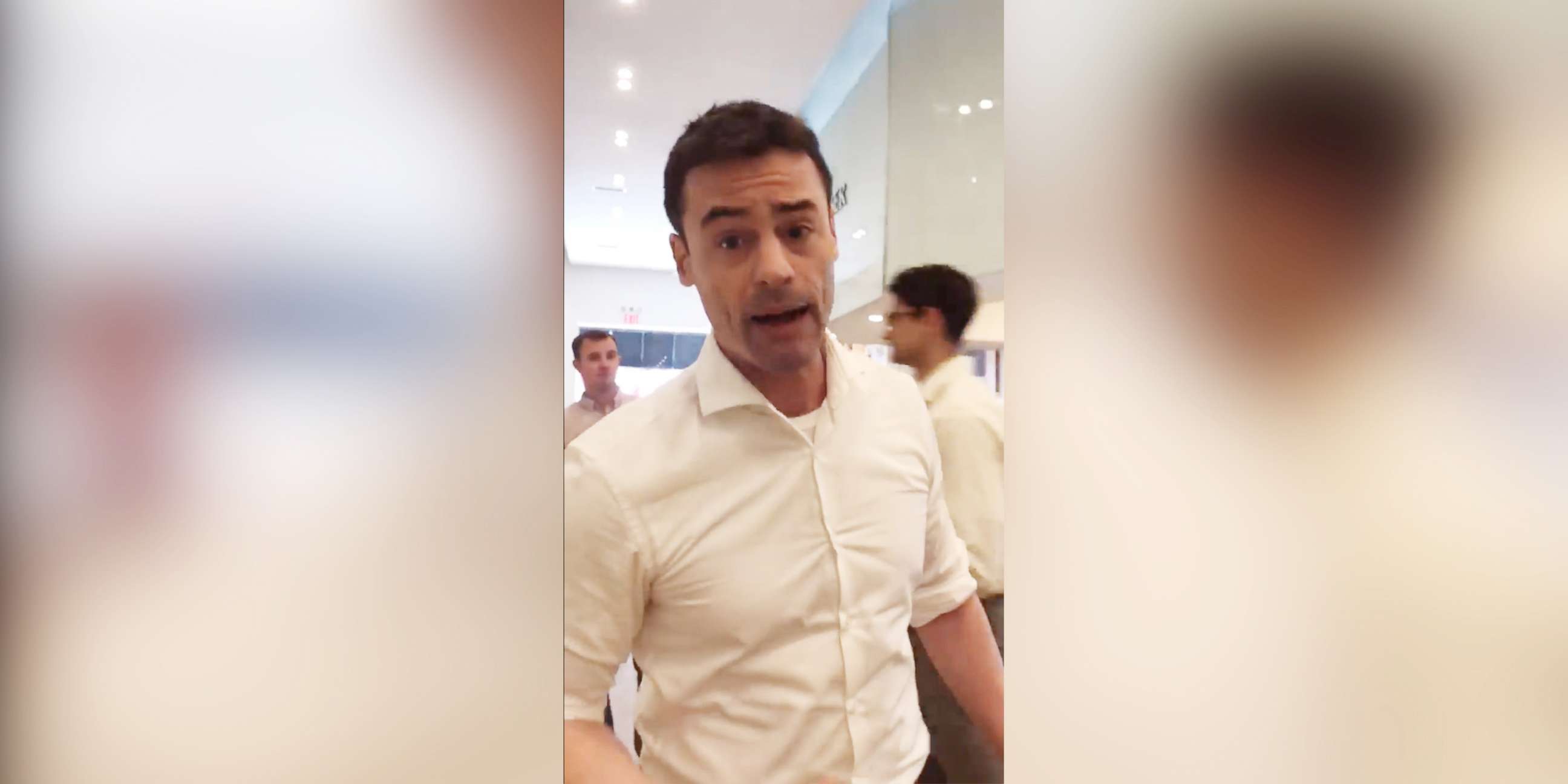 PHOTO: An image made from video shared to social media on May 15, 2018 shows Aaron Schlossberg threatening to call ICE on people who spoke Spanish in a restaurant in New York.
